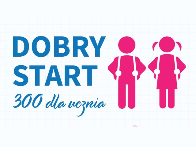 niebieski napis: Dobry Start 300 dla ucznia oraz różówe postacie chłopca i dziewczyny